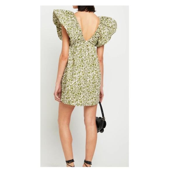 o.p.t Didi Dress Green Floral Puff Sleeve Mini Velvet Bow Size S (Zipper Issue) - Picture 6 of 15